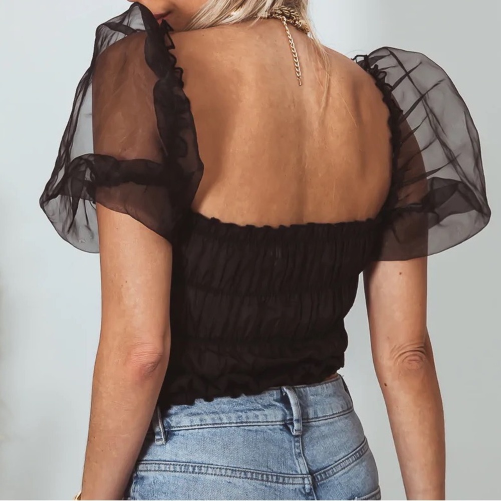 Mesh puff sleeve crop top - Black - Picture 2 of 7